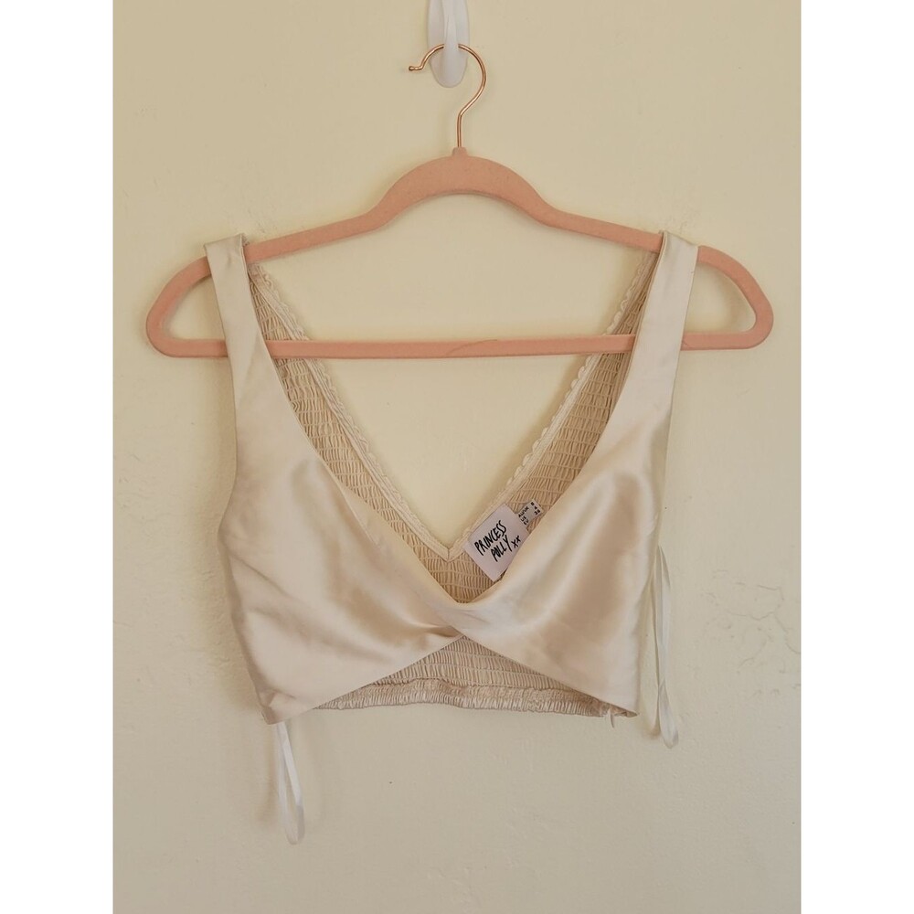 Princess Polly XX Cream Satin Cropped V-Neck Tank Size 4 Women.